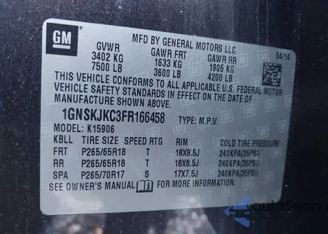 2015 Chevrolet Suburban 1500 Lt from USA, damaged, VIN 1GNSKJKC3FR166458